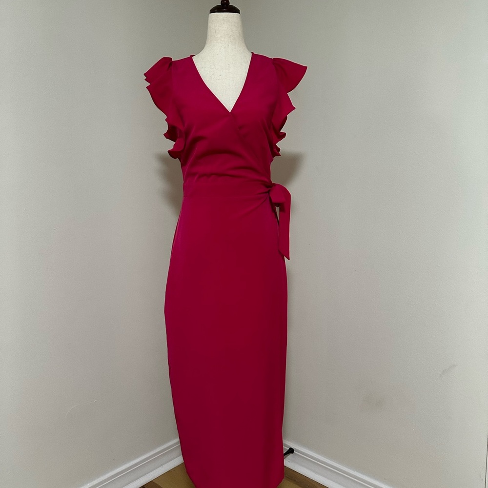 Who What Wear Fuchsia Midi Dress with Ruffle Sleeves